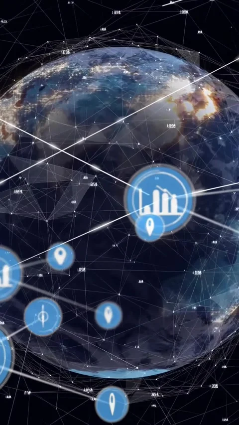 Vertical video: 3D globe rotating, central node pulsing and spawning blue icons Stock Footage 334549897