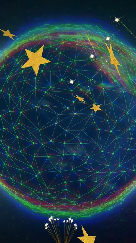 Vertical video: 3D globe rotating as golden stars entering sparking neon trails Stock Footage 334859801