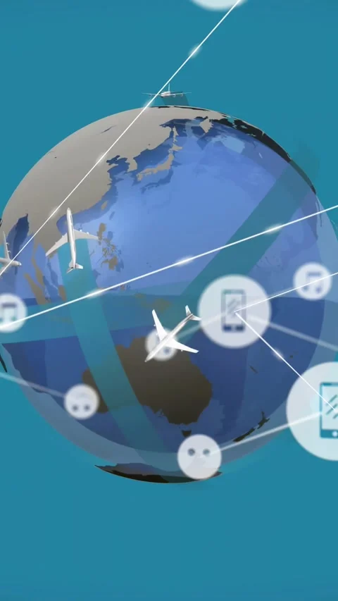 Vertical video: 3D globe zooming rotating in teal, spawning planes icons lines Stock Footage 334187429