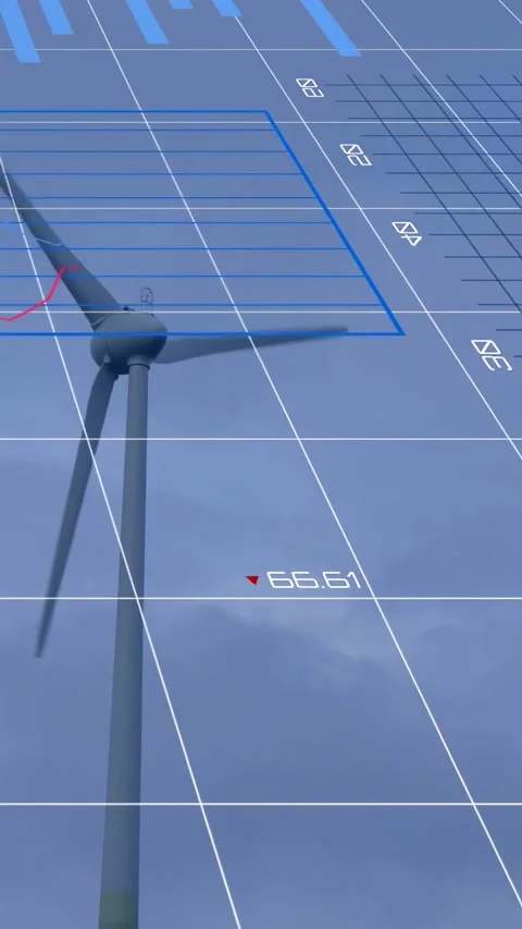 Vertical video: 3D grid appearing, turbine rotating while AR charts sliding, Stock Footage 332317877