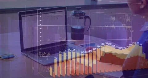 Vertical video: 3D grid arising woman in blue top sipping mug noting laptop with Stock Footage 331429455