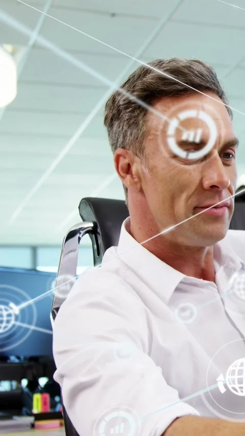 Vertical video: 3D man speaking triggers network HUD growing while camera Stock Footage 333079689