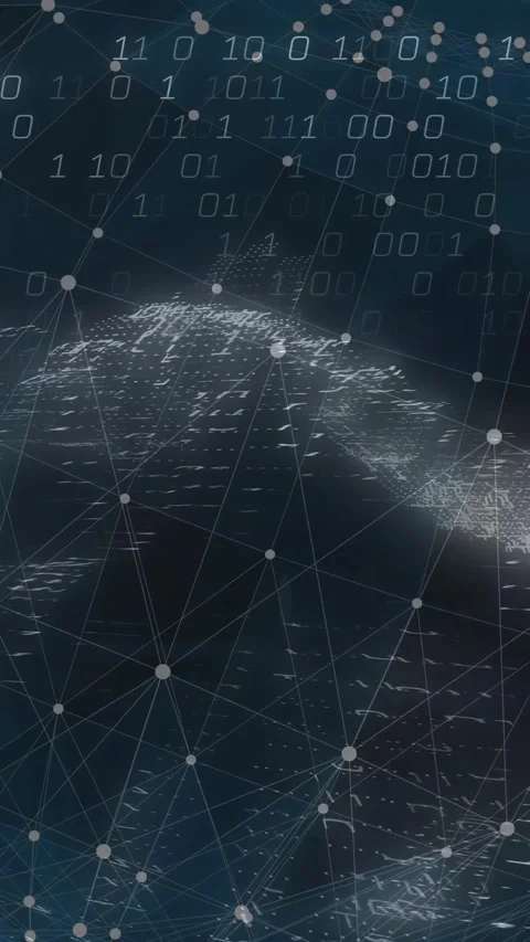 Vertical video: 3D network mesh lighting up and pulsing as light wave revealing Stock Footage 328331892
