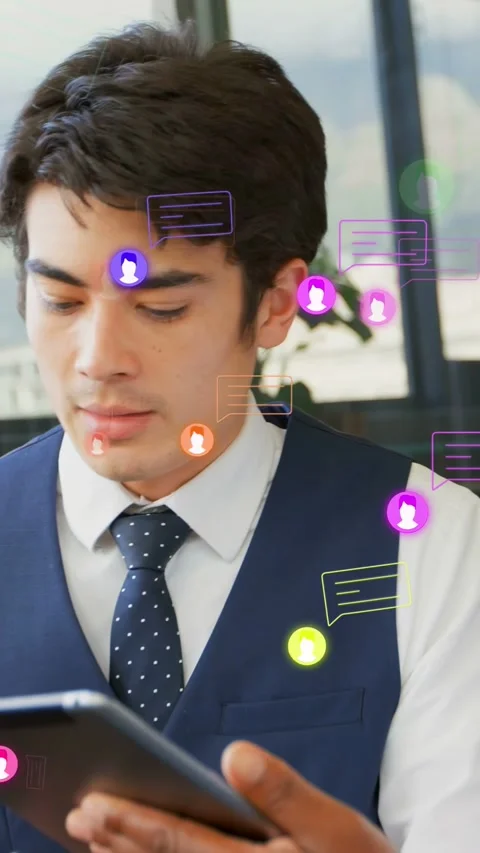 Vertical video: 3D pro raising tablet and tapping, chat icons growing and Stock Footage 333079712