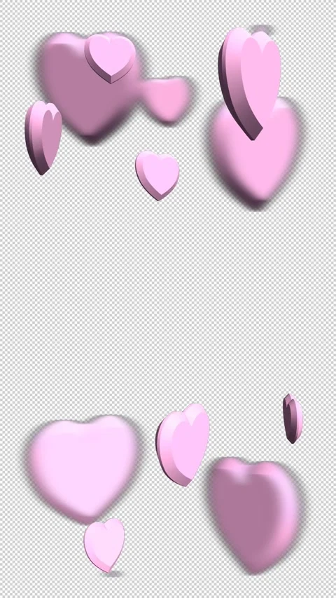 Vertical video. 3D rotating pink hearts. Motion hearts. Transparent background. Stock Footage 310644138