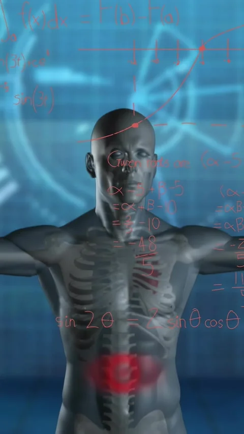 Vertical video: 3D torso holding T-pose while math overlays fading, pulsing Stock Footage 330359453