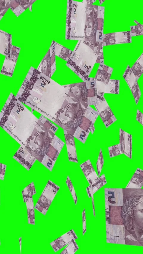 Vertical video of 5 BRAZILIAN REAL notes falling Green screen Stock Footage 302811694