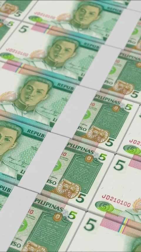 Vertical video of 5 PHILIPPINE PESO banknotes printed by a money press Stock Footage 303207978