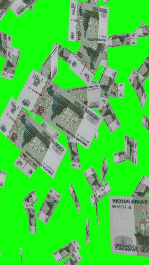 Vertical video of 5 RUSSIAN RUBLE notes falling Green screen Video stock 302816951