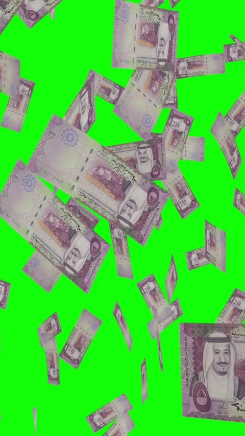 Vertical video of 5 SAUDI RIYAL notes falling Green screen Stock Footage 302817092