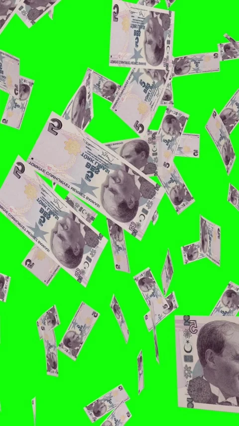 Vertical video of 5 TURKISH LIRA notes falling Green screen Stock Footage 302818150