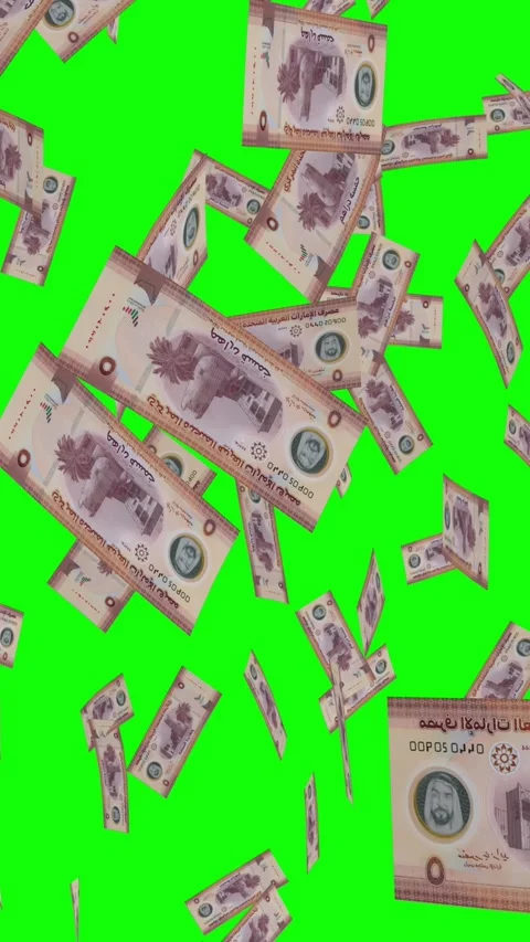 Vertical video of 5 UNITED ARAB EMIRATES DIRHAM notes falling Green screen Stock Footage 302810789