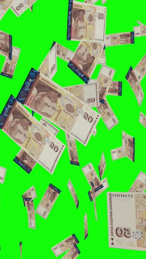 Vertical video of 50 BULGARIAN LEVA notes falling Green screen Stock Footage 302811598