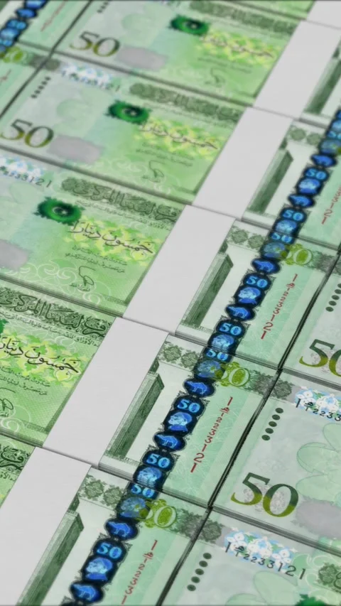 Vertical video of 50 LIBYAN DINAR banknotes printed by a money press Stock Footage 303207769