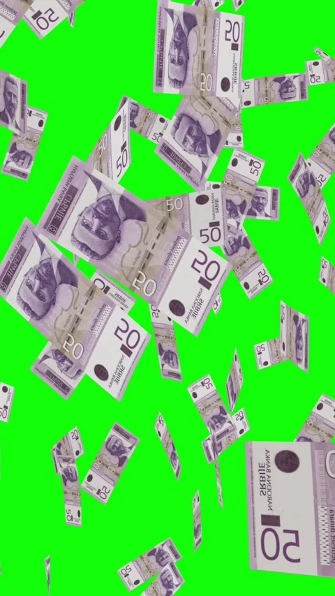 Vertical video of 50 SERBIAN DINAR notes falling Green screen Stock Footage 302816830