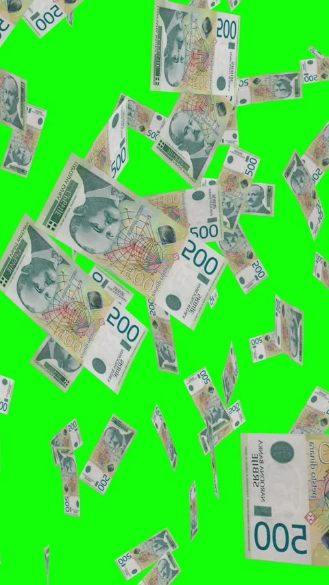 Vertical video of 500 SERBIAN DINAR notes falling Green screen Stock Footage 302816873