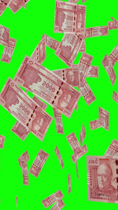 Vertical video of 5000 PARAGUAYAN GUARANI notes falling Green screen Stock Footage 302816425