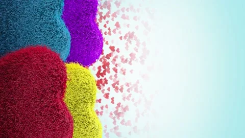 Vertical video. Abstract red, blue, yellow, violet fur hearts on a light blue bg Stock Footage 169178959