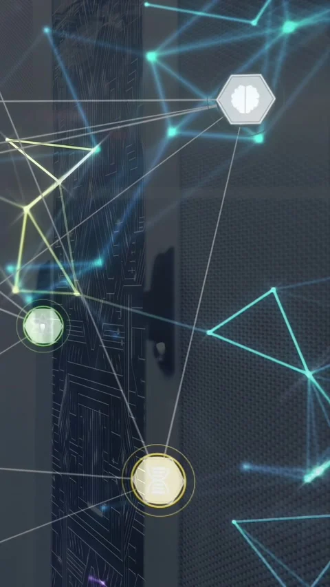 Vertical video: On activation network overlay animating over door, nodes pulsing Stock Footage 333006201