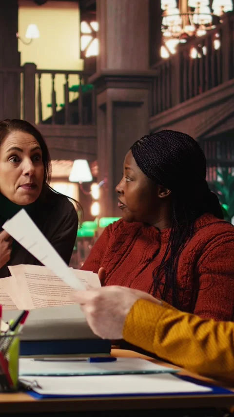 Vertical Video Actors group in library prepare for a dramatic theatre role play Stock Footage 313245572