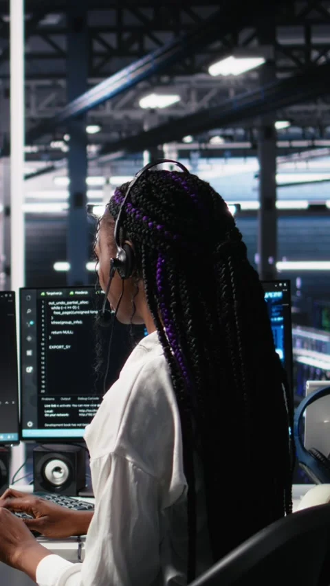Vertical video Admin in data center wearing headset assisting users with AI Stock Footage 313507437
