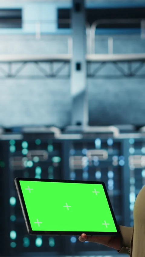 Vertical video Admin in data center using green screen tablet to deploy new Stock Footage 317054555
