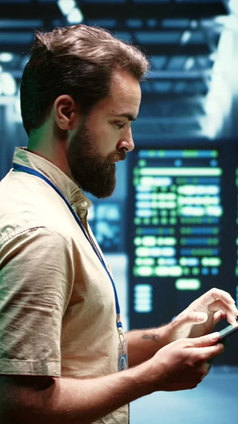 Vertical video Admin doing checkup on VPN servers Stock Footage 245917737