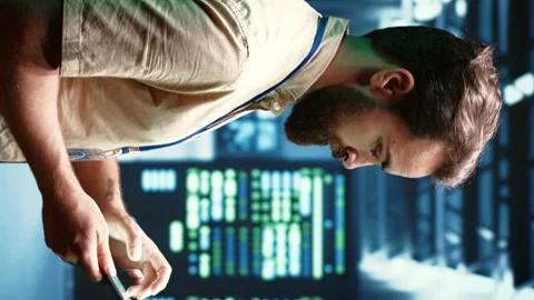 Vertical video Admin doing checkup on VPN servers Stock Footage 245953516