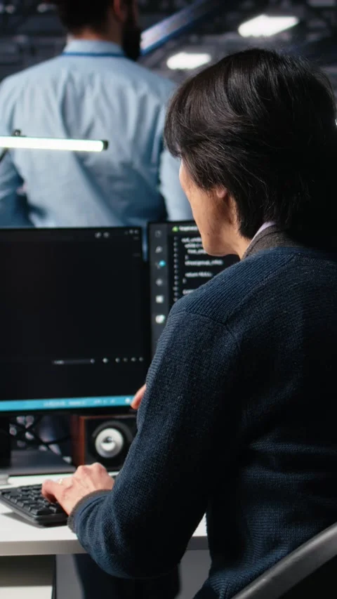 Vertical video Admin in high tech data center coding with machine learning Stock Footage 313456835