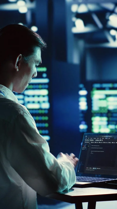 Vertical video Admin runs code in server farm Stock Footage 249079411