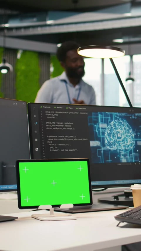 Vertical video Admin using isolated screen tablet to code AI algorithms Stock Footage 312768395