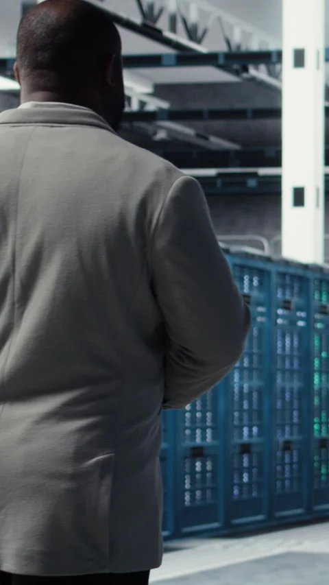 Vertical video Admin walking in data center, doing inspection on infrastructure Stock Footage 311413604