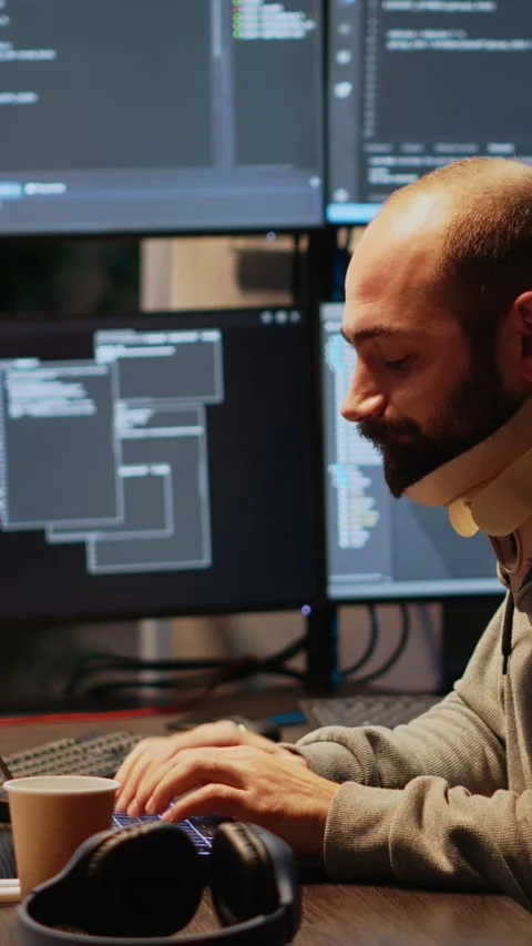 Vertical video: Adult programmer with neck collar foam coding html script Stock Footage 220332343