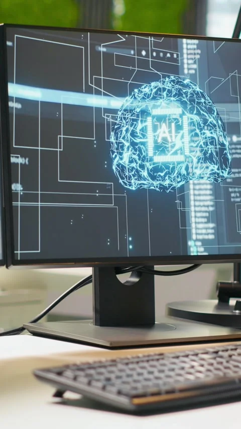 Vertical video Advanced AI algorithms running on computer monitors in empty Stock Footage 312768375