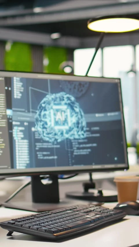 Vertical video Advanced AI algorithms running on computer monitors in empty Stock-Footage 312768736