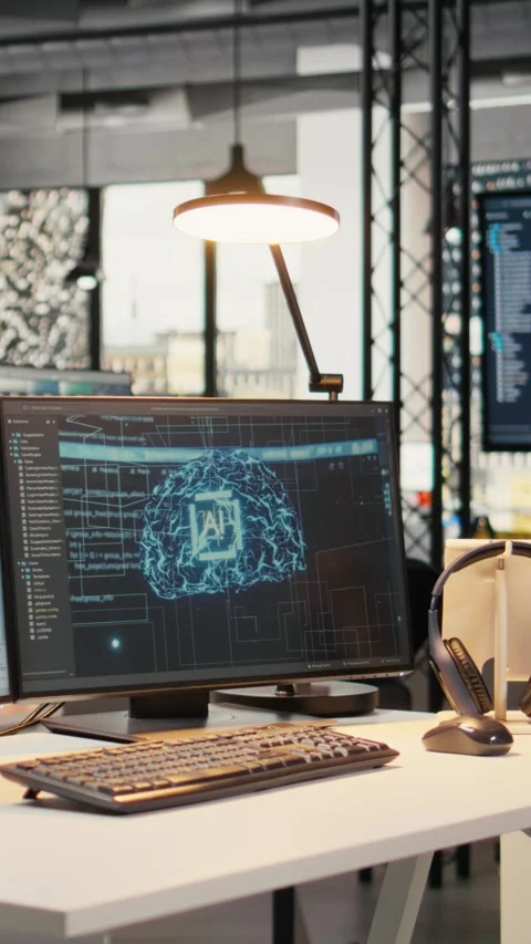Vertical video Advanced AI algorithms running on computer monitors in empty Stock Footage 323142146