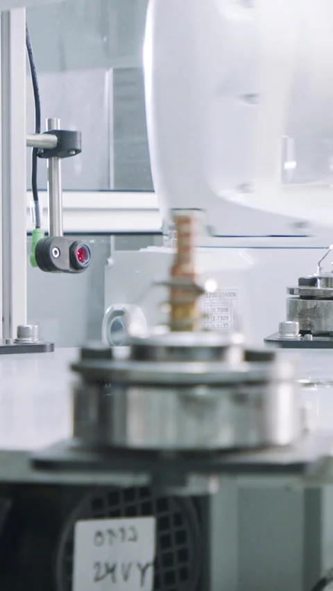 Vertical video of Advanced robotic machine manufacturing parts in an automated Stock Footage 206320144