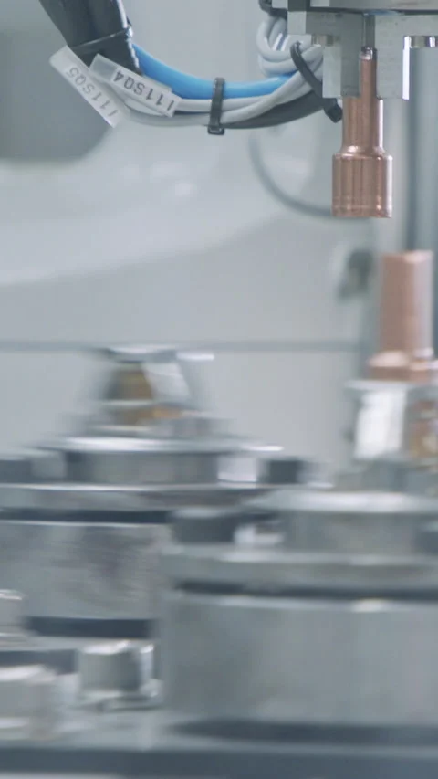 Vertical video of Advanced robotic machine manufacturing parts in an automated Video stock 206322752