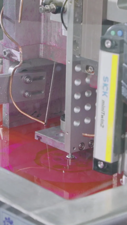 Vertical video of Advanced robotic machine manufacturing parts in an automated Stock Footage 206327494