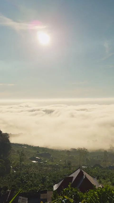 Vertical video. Aerial View Above Sea of Clouds With Gunung Batur Rising Beyond Stock Footage 337037722
