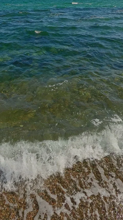 Vertical video, Aerial view, Camera flies down landing in the coastal area on a Stock Footage 318347568