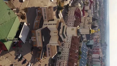 Vertical video. Aerial view of historic center of Ivano-Frankivsk city. Video stock 220104776