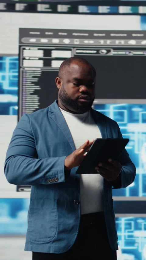Vertical Video African American developer working on programming and automation Stock Footage 312123471