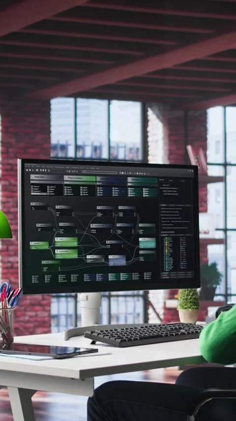 Vertical Video African american engineer at home working on visual coding on Stock Footage 307649568
