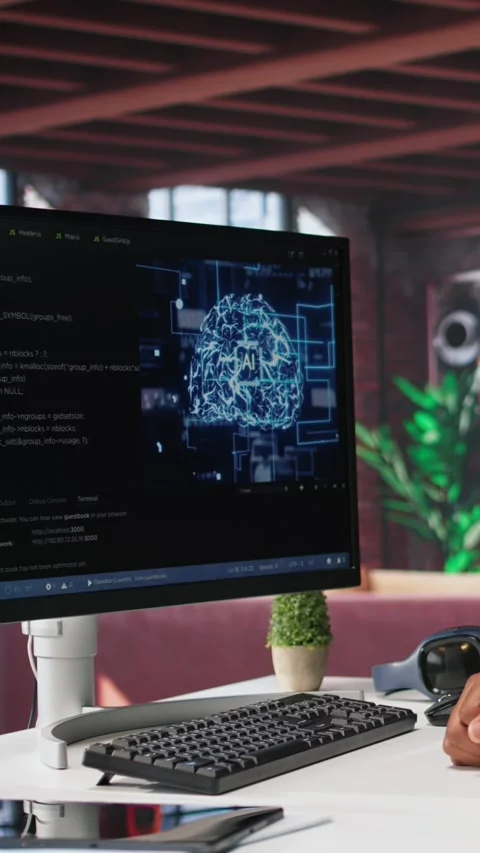 Vertical Video African american engineer coding a neural network AI brain model Stock Footage 307649610