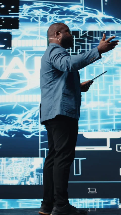 Vertical Video African american engineer examining artificial intelligence brain Stock Footage 312179808