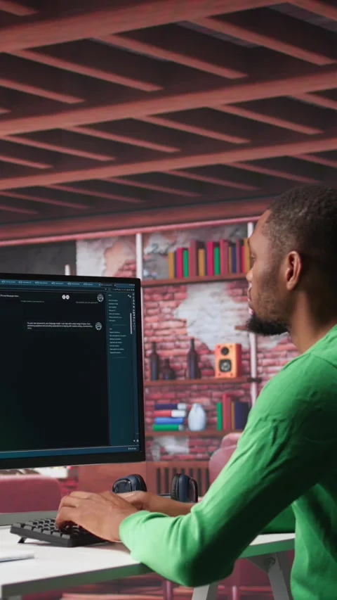 Vertical Video African american guy at home asks questions to AI chatbot virtual Stock Footage 308708258