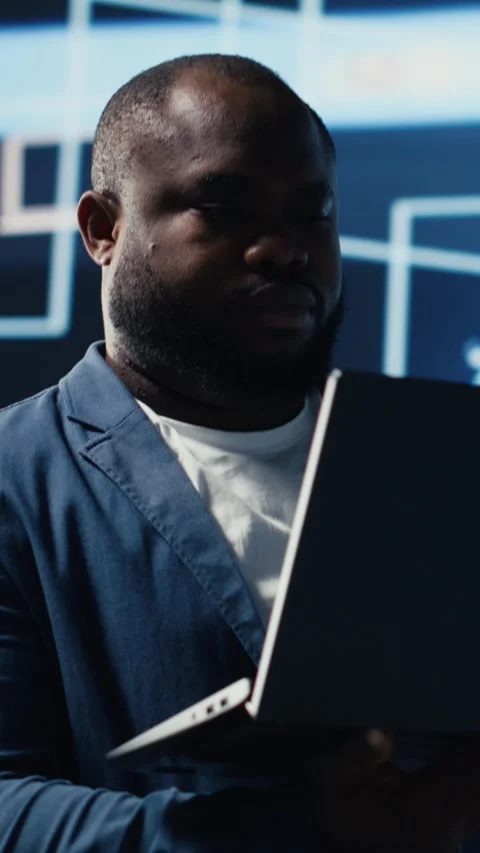 Vertical Video African american tech expert works with AI ethics and neural Stock Footage 312123724