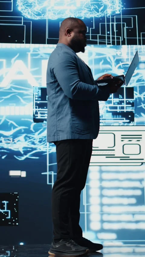 Vertical Video African american tech expert works with AI ethics and neural Stock Footage 312179456