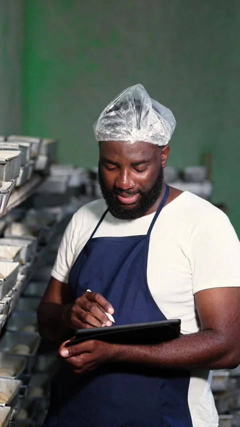 Vertical video, African baker using a tablet to manage fresh bread dough  Vídeos de archivo 347146552